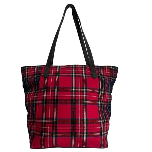 J Jill Women Preppy Tartan Plaid Tote Bag Leather Handles Academia Winter Style - Picture 2 of 12